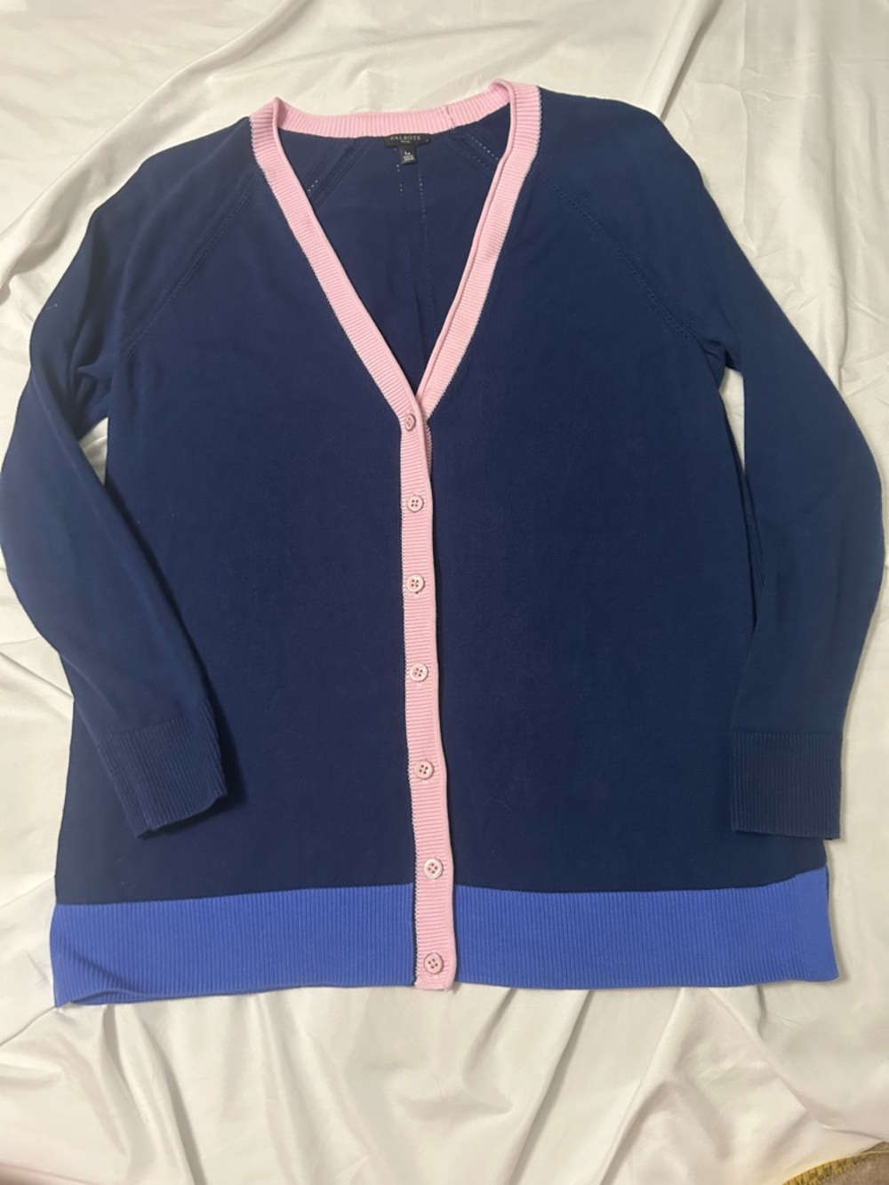 Talbots Petite Cardigan Size L Womens V Neck Knit Preppy Blue Pink Sweater - Picture 2 of 14